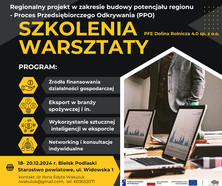 W dniach 18-20 grudnia br. w budynku Starostwa Powiatowego przy ul. Widowskiej 1 odbędą się bezpłatne warsztaty dla przedsiębiorców organizowane przez Urząd Marszałkowski Województwa Podlaskiego