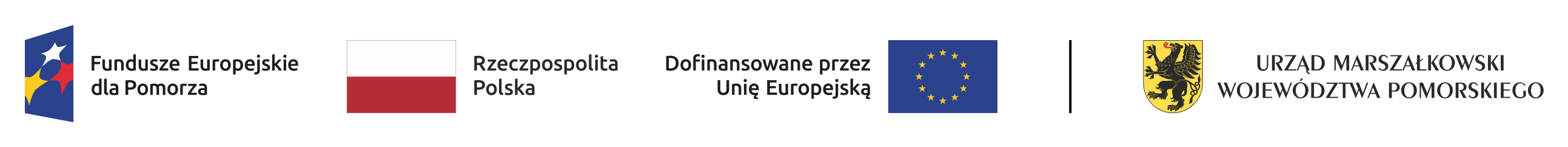 Grafika przedstawia pasek z logotypami na białym tle. Od lewej znajdują się oznaczenia Funduszy Europejskich dla Pomorza, flaga Rzeczypospolitej Polskiej wraz z flagą UE i dopiskiem Dofinansowane przez Unię Europejską. Z prawej strony znajduje się herb województwa wraz z napisem Urząd Marszałkowski Województwa Pomorskiego.